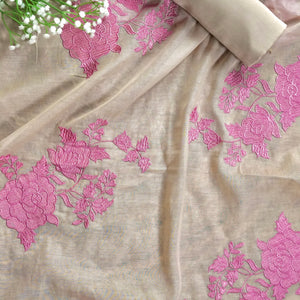 Beige Rosé WIshper- Light Beige Mulmul Chanderi Unstitched Resham Embroidered Suit Set