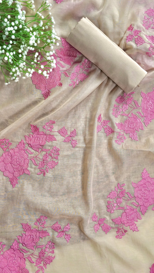 Beige Rosé WIshper- Light Beige Mulmul Chanderi Unstitched Resham Embroidered Suit Set