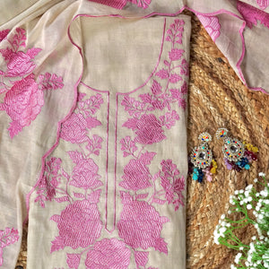 Beige Rosé WIshper- Light Beige Mulmul Chanderi Unstitched Resham Embroidered Suit Set