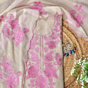 Beige Rosé WIshper- Light Beige Mulmul Chanderi Unstitched Resham Embroidered Suit Set