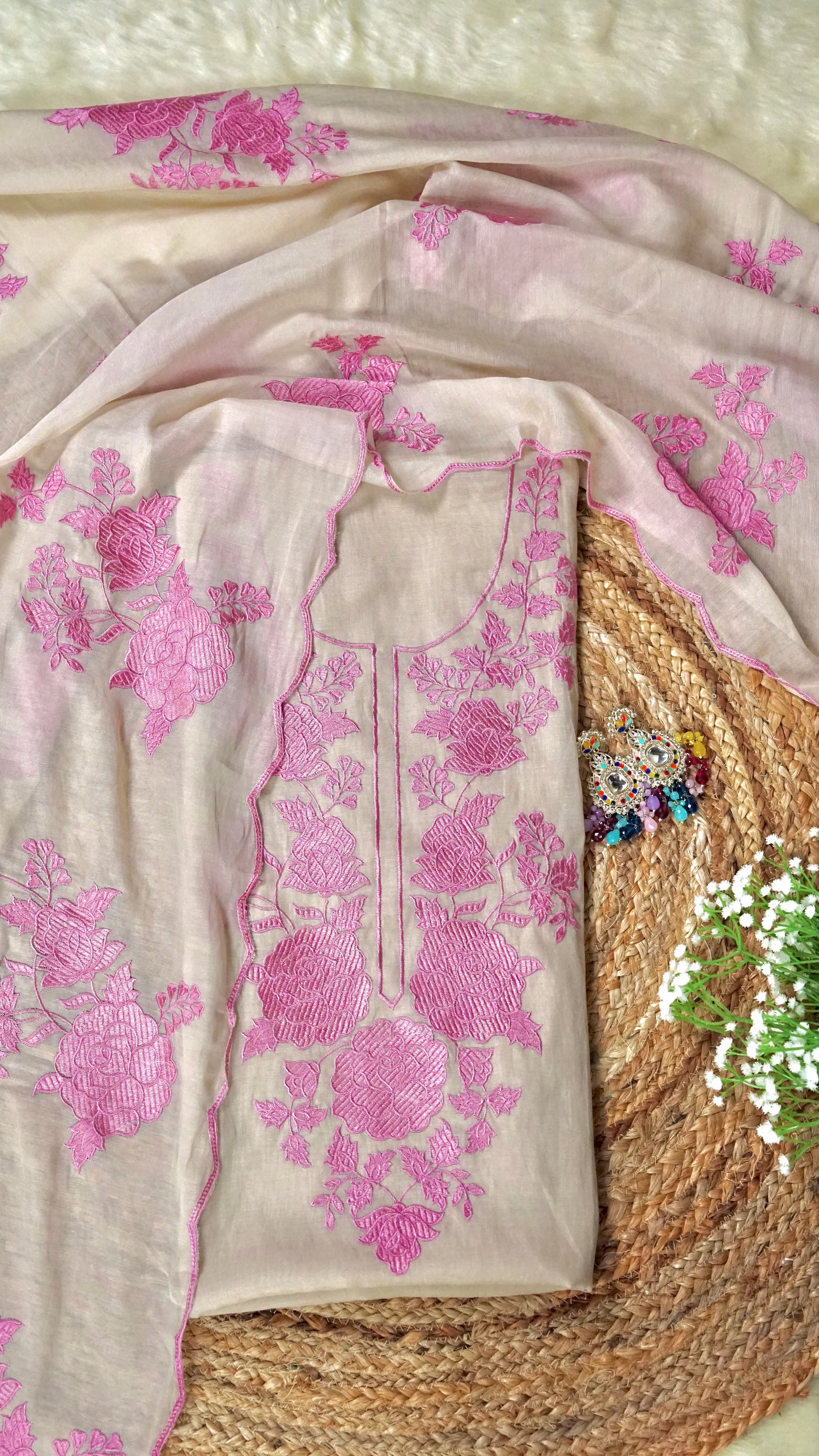 Beige Rosé WIshper- Light Beige Mulmul Chanderi Unstitched Resham Embroidered Suit Set
