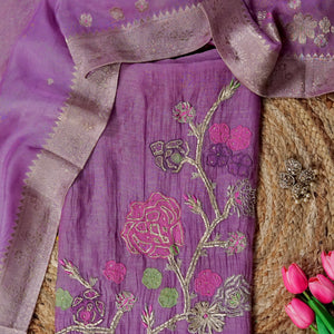 Lavanyaa – Lavender Mulmul Chanderi Unstitched Appliqué & Gotta Embroidered Suit Set
