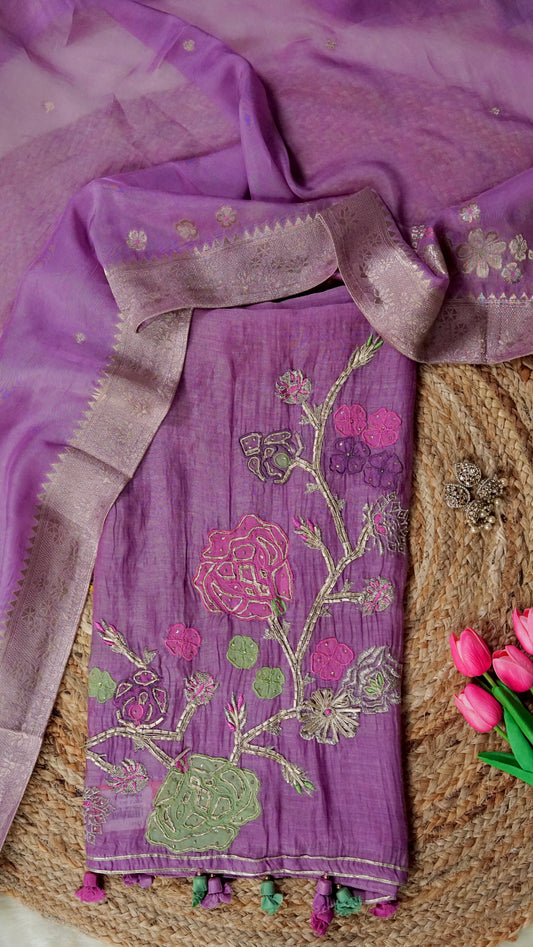 Lavanyaa – Lavender Mulmul Chanderi Unstitched Appliqué & Gotta Embroidered Suit Set