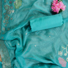 Neeraja – Sea Green Mulmul Chanderi Unstitched Appliqué & Gotta Embroidered Suit Set