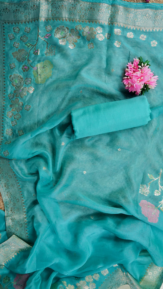 Neeraja – Sea Green Mulmul Chanderi Unstitched Appliqué & Gotta Embroidered Suit Set