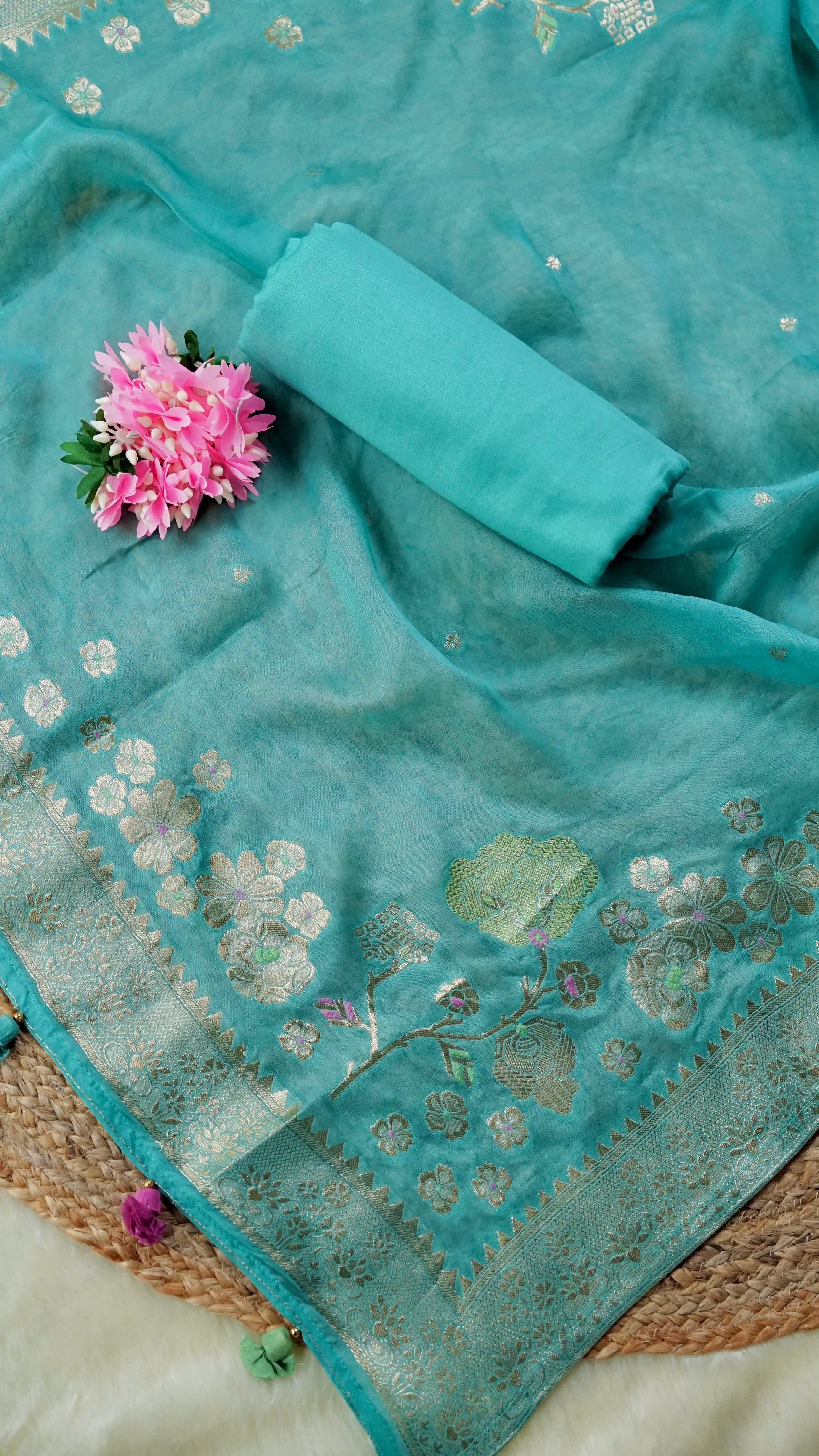 Neeraja – Sea Green Mulmul Chanderi Unstitched Appliqué & Gotta Embroidered Suit Set