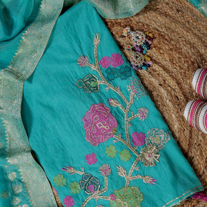 Neeraja – Sea Green Mulmul Chanderi Unstitched Appliqué & Gotta Embroidered Suit Set