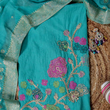 Neeraja – Sea Green Mulmul Chanderi Unstitched Appliqué & Gotta Embroidered Suit Set