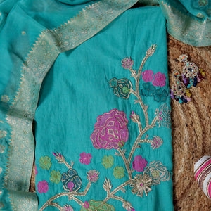 Neeraja – Sea Green Mulmul Chanderi Unstitched Appliqué & Gotta Embroidered Suit Set