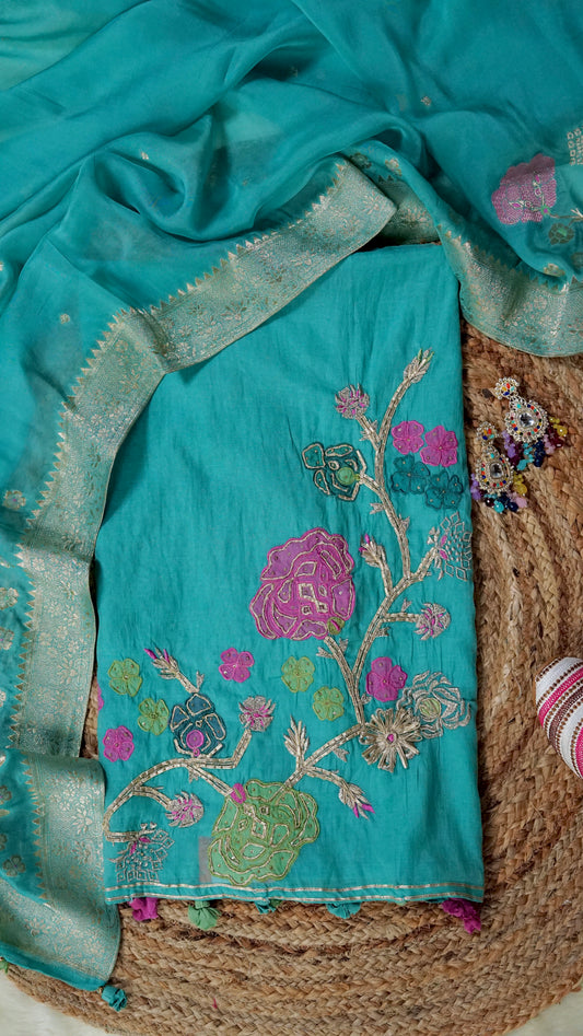 Neeraja – Sea Green Mulmul Chanderi Unstitched Appliqué & Gotta Embroidered Suit Set