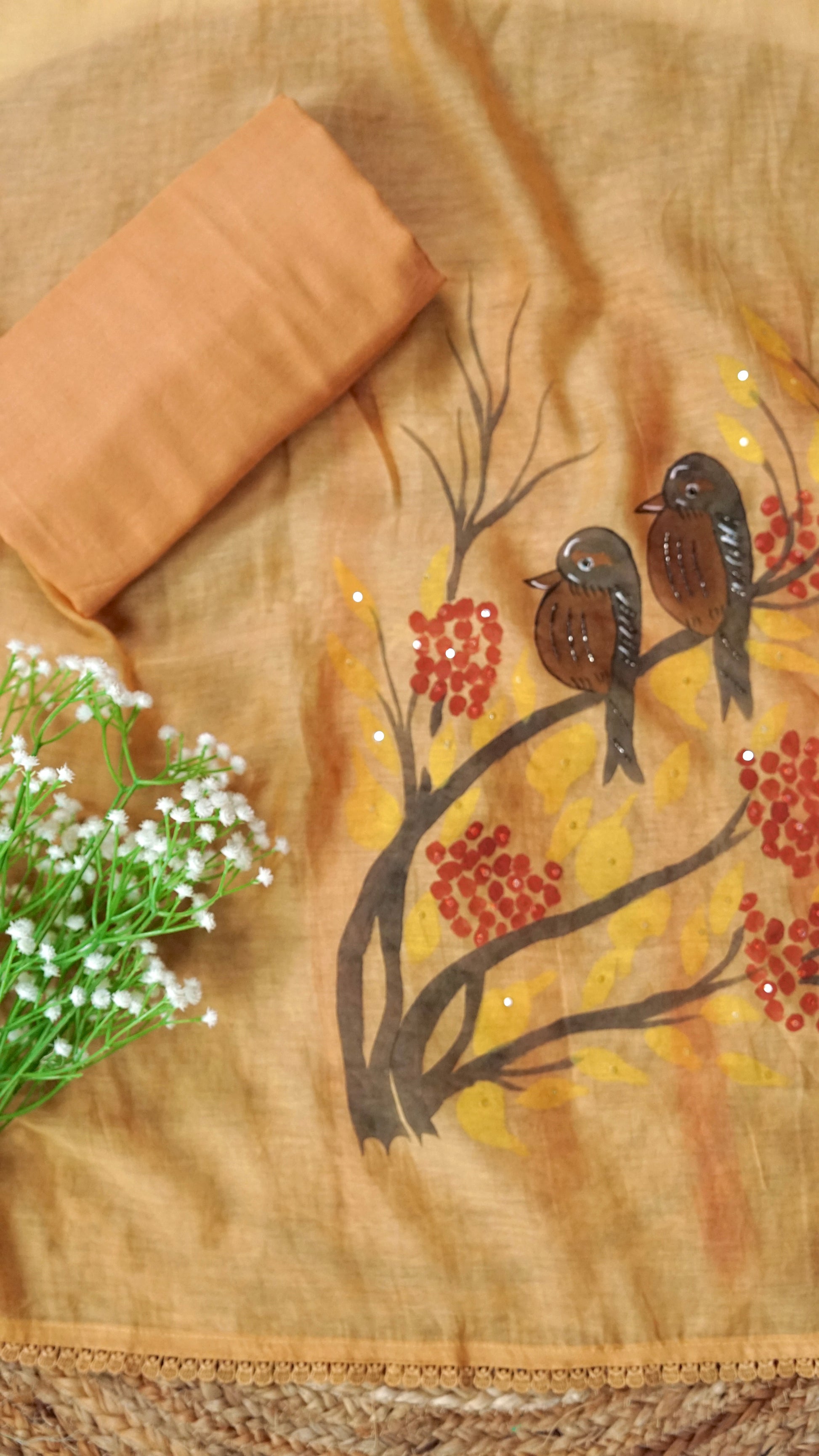 Pankhuri – Mustard Mulmul Chanderi Unstitched Handpainted & Embroidered Suit Set