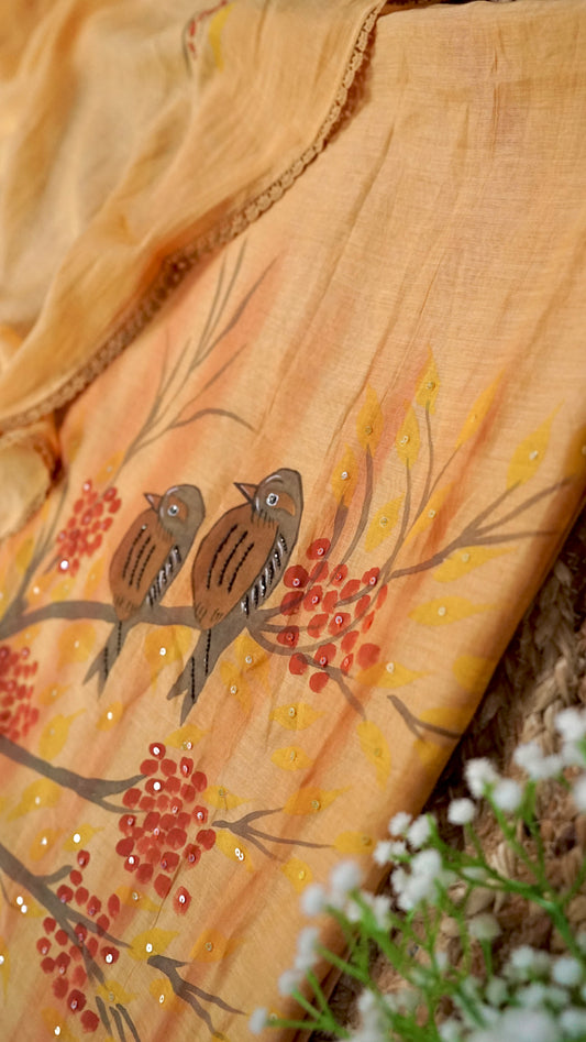 Pankhuri – Mustard Mulmul Chanderi Unstitched Handpainted & Embroidered Suit Set