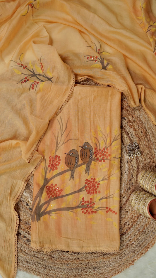 Pankhuri – Mustard Mulmul Chanderi Unstitched Handpainted & Embroidered Suit Set
