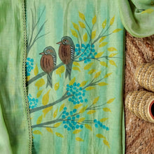 Pistabaani – Pista Green Mulmul Chanderi Unstitched Handpainted & Embroidered Suit Set
