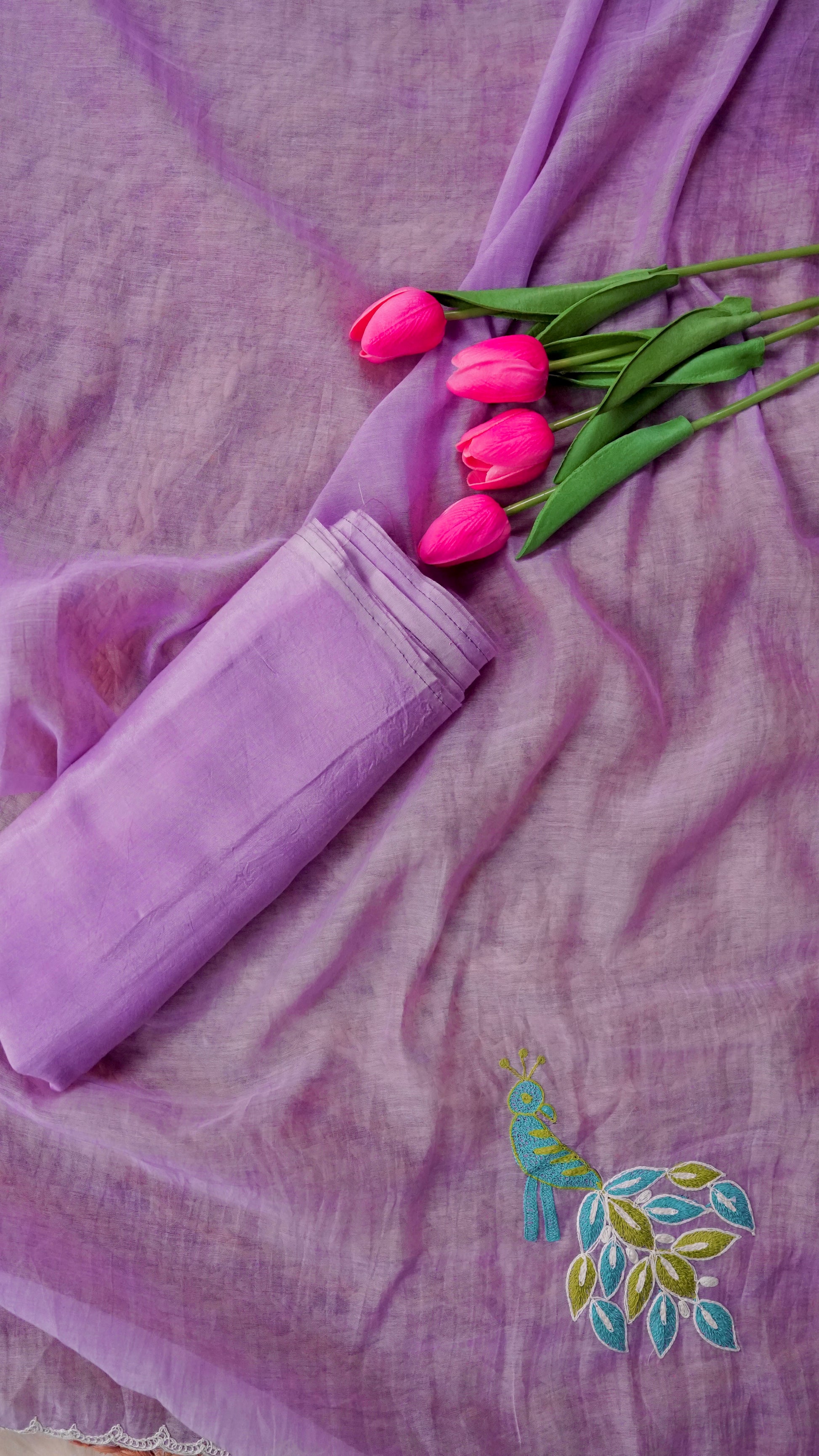 Tarunika – Lavender Mulmul Chanderi Unstitched Dori & Resham Embroidered Suit Set
