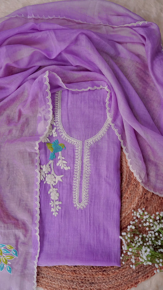 Tarunika – Lavender Mulmul Chanderi Unstitched Dori & Resham Embroidered Suit Set