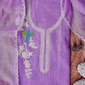 Tarunika – Lavender Mulmul Chanderi Unstitched Dori & Resham Embroidered Suit Set