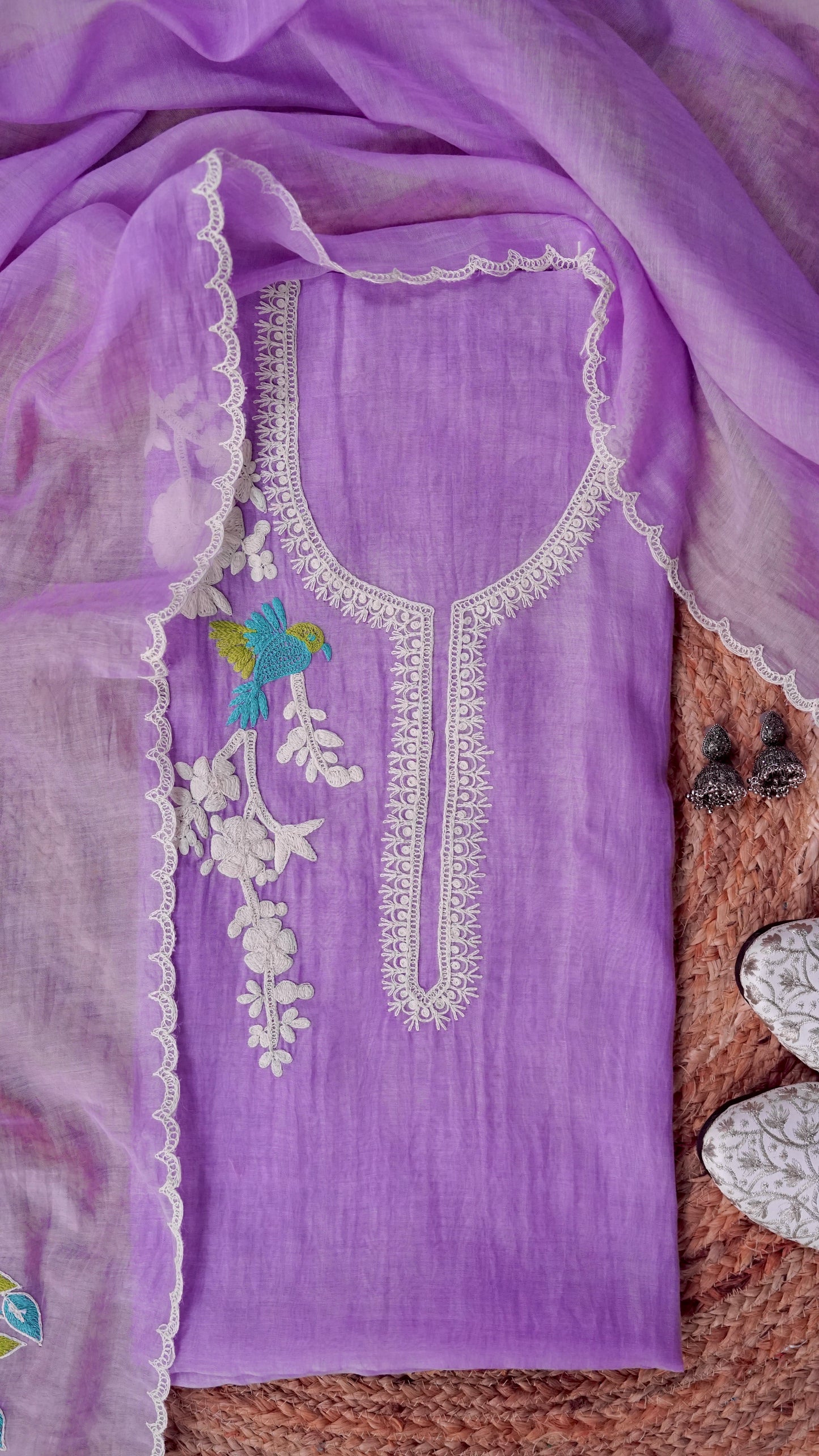 Tarunika – Lavender Mulmul Chanderi Unstitched Dori & Resham Embroidered Suit Set