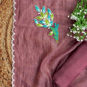Mridvika – Mauve Taupe Mulmul Chanderi Unstitched Dori & Resham Embroidered Suit Set