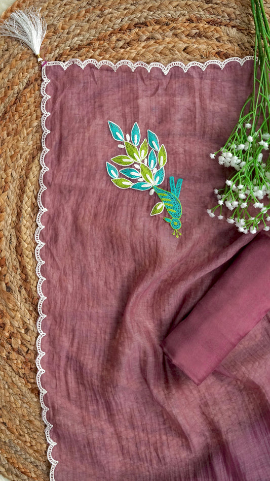 Mridvika – Mauve Taupe Mulmul Chanderi Unstitched Dori & Resham Embroidered Suit Set