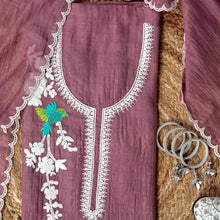 Mridvika – Mauve Taupe Mulmul Chanderi Unstitched Dori & Resham Embroidered Suit Set