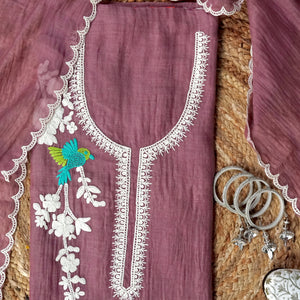 Mridvika – Mauve Taupe Mulmul Chanderi Unstitched Dori & Resham Embroidered Suit Set