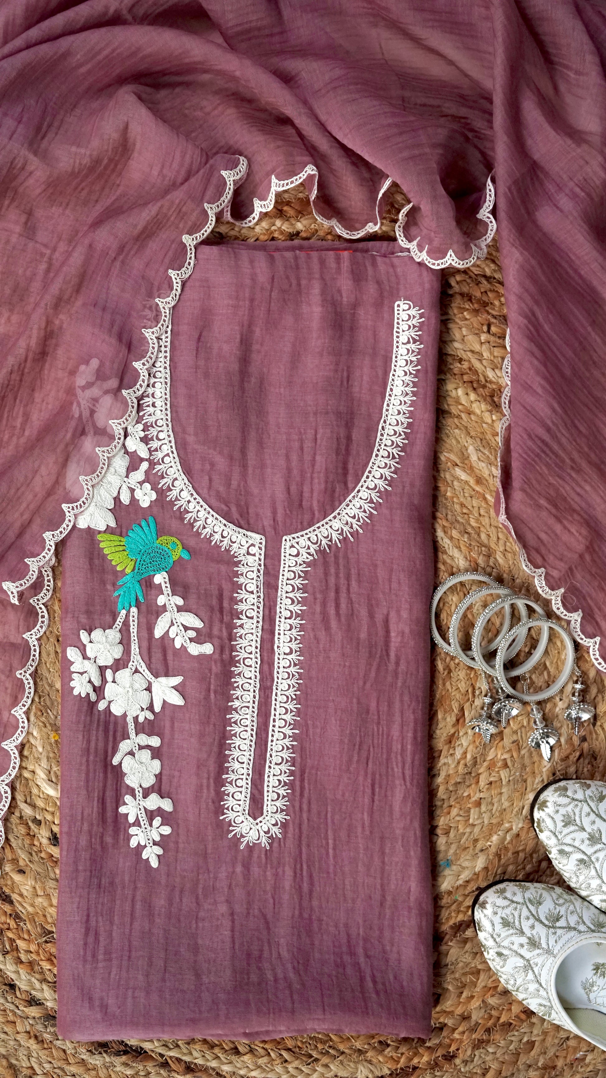 Mridvika – Mauve Taupe Mulmul Chanderi Unstitched Dori & Resham Embroidered Suit Set