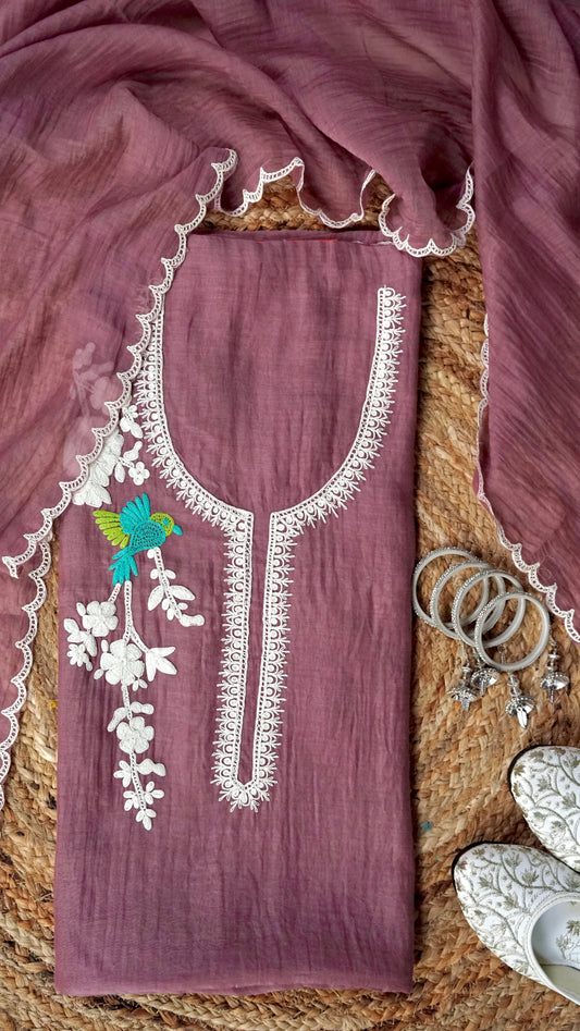 Mridvika – Mauve Taupe Mulmul Chanderi Unstitched Dori & Resham Embroidered Suit Set