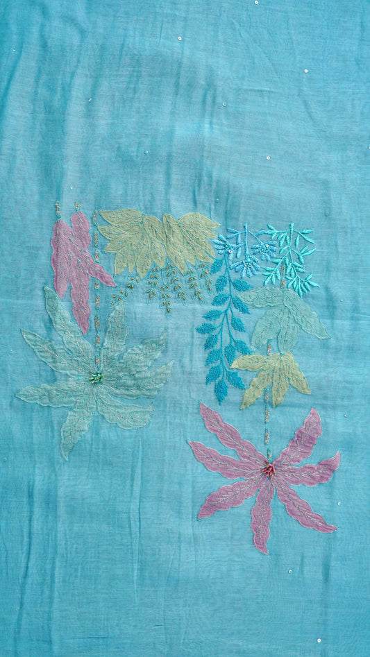 Aabheri – Ferozi Mulmul Chanderi Unstitched Appliqué & Sequin Embroidered Suit Set