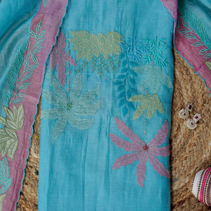 Aabheri – Ferozi Mulmul Chanderi Unstitched Appliqué & Sequin Embroidered Suit Set