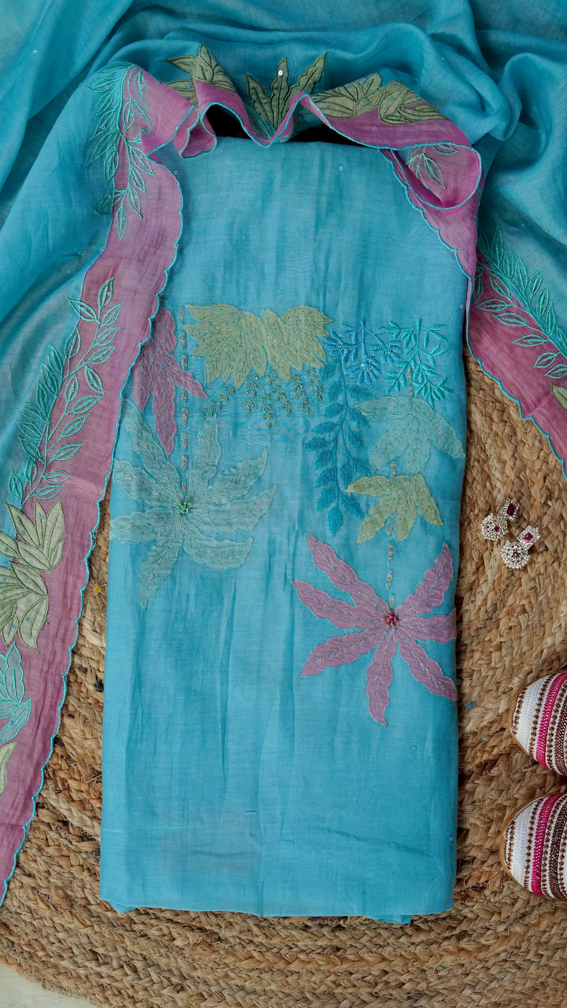 Aabheri – Ferozi Mulmul Chanderi Unstitched Appliqué & Sequin Embroidered Suit Set