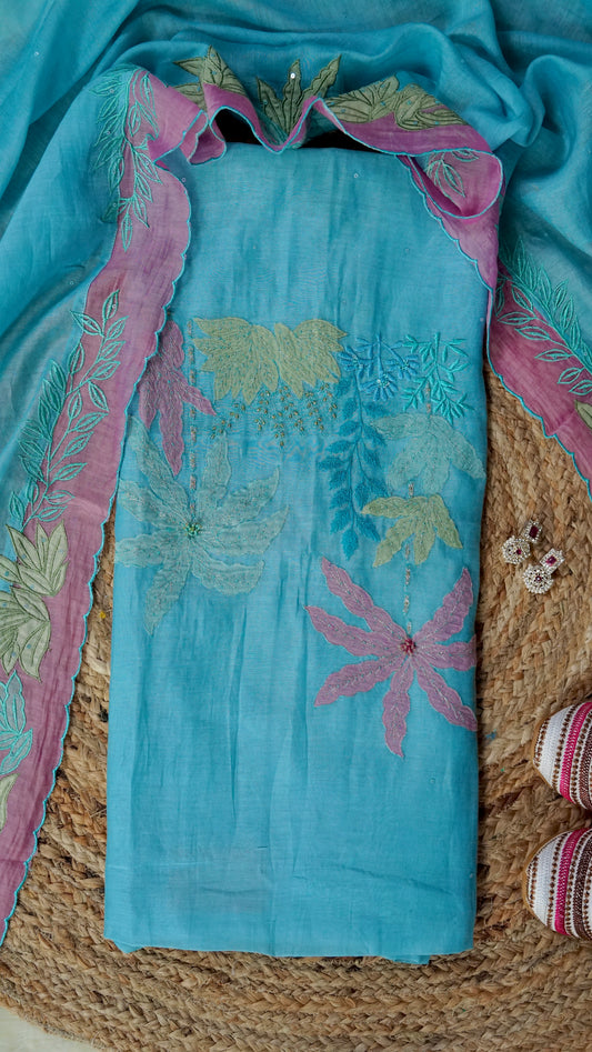 Aabheri – Ferozi Mulmul Chanderi Unstitched Appliqué & Sequin Embroidered Suit Set