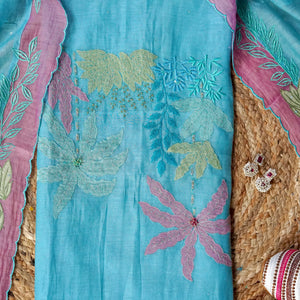 Aabheri – Ferozi Mulmul Chanderi Unstitched Appliqué & Sequin Embroidered Suit Set