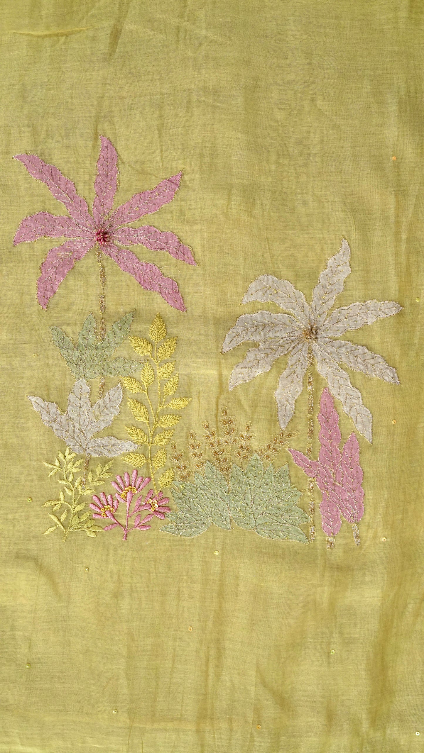 Gulnaaz – Yellow Mulmul Chanderi Unstitched Appliqué & Sequin Embroidered Suit Set