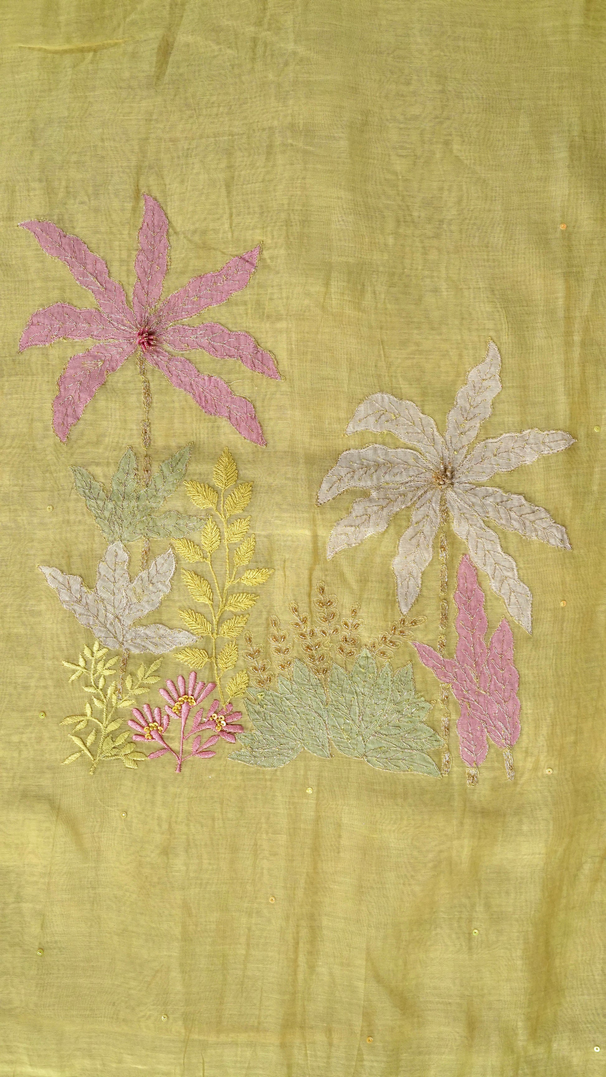 Gulnaaz – Yellow Mulmul Chanderi Unstitched Appliqué & Sequin Embroidered Suit Set