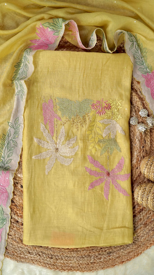 Gulnaaz – Yellow Mulmul Chanderi Unstitched Appliqué & Sequin Embroidered Suit Set