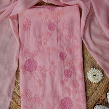 Kumudini – Peach Mulmul Chanderi Unstitched French Knot & Appliqué Embroidered Suit Set