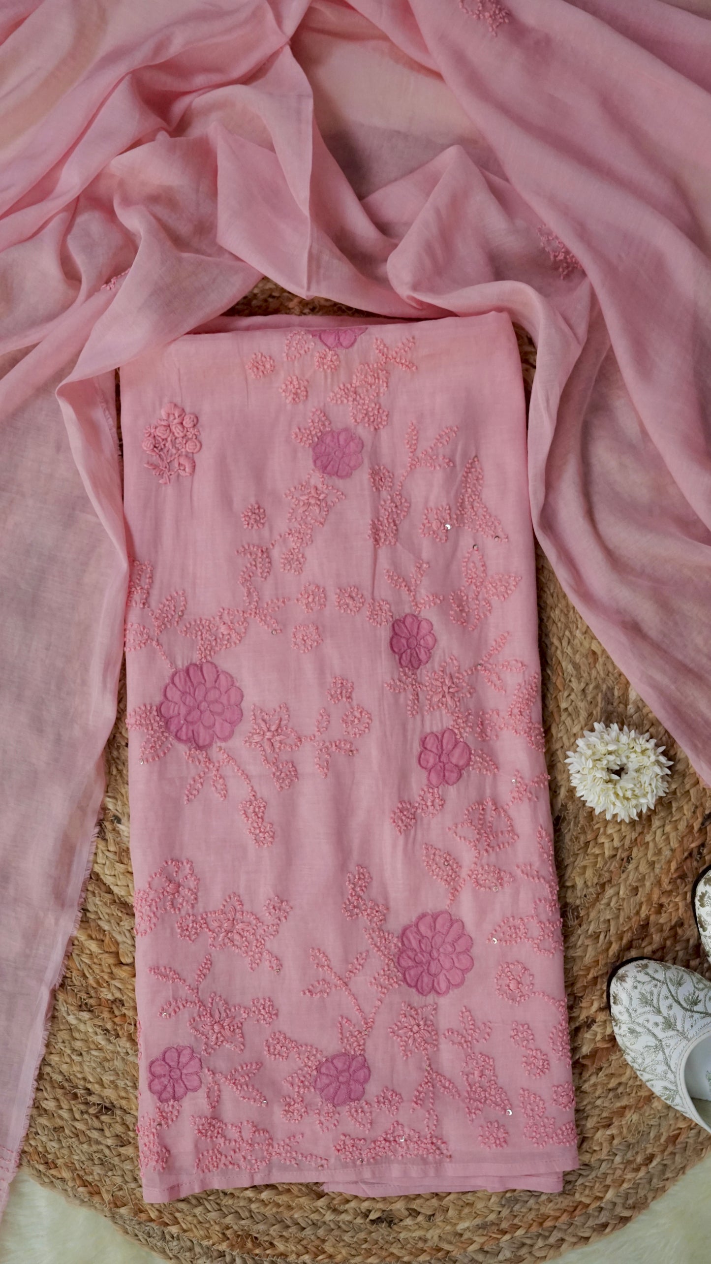 Kumudini – Peach Mulmul Chanderi Unstitched French Knot & Appliqué Embroidered Suit Set