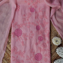 Kumudini – Peach Mulmul Chanderi Unstitched French Knot & Appliqué Embroidered Suit Set