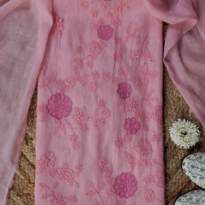 Kumudini – Peach Mulmul Chanderi Unstitched French Knot & Appliqué Embroidered Suit Set