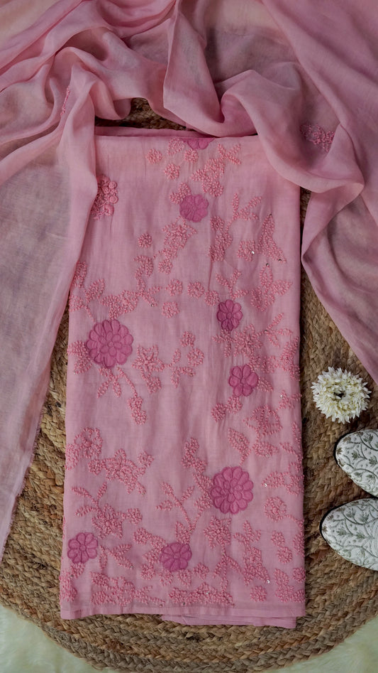 Kumudini – Peach Mulmul Chanderi Unstitched French Knot & Appliqué Embroidered Suit Set