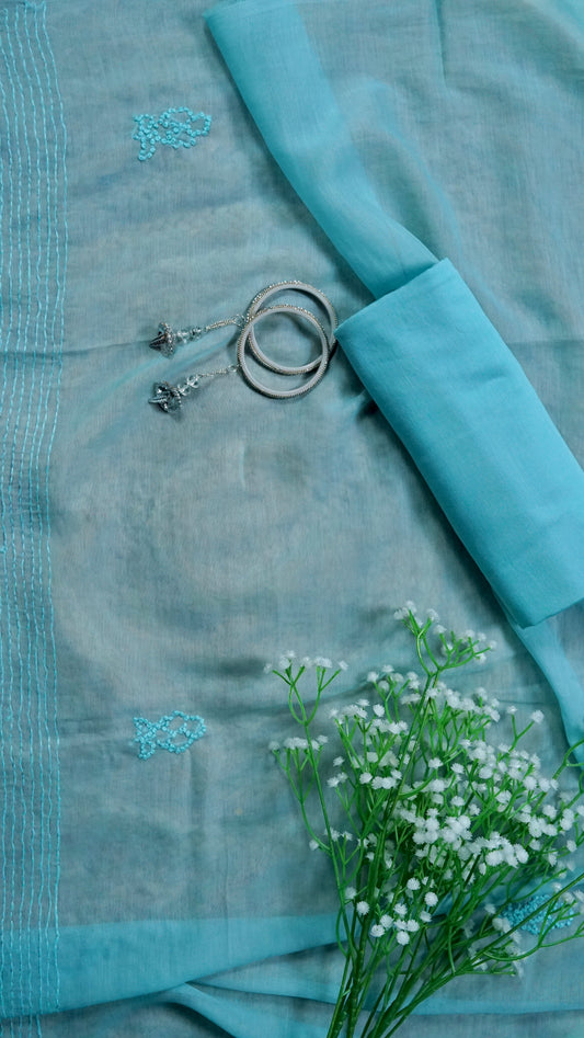 Meheriya – Ferozi Mulmul Chanderi Unstitched French Knot & Appliqué Embroidered Suit Set