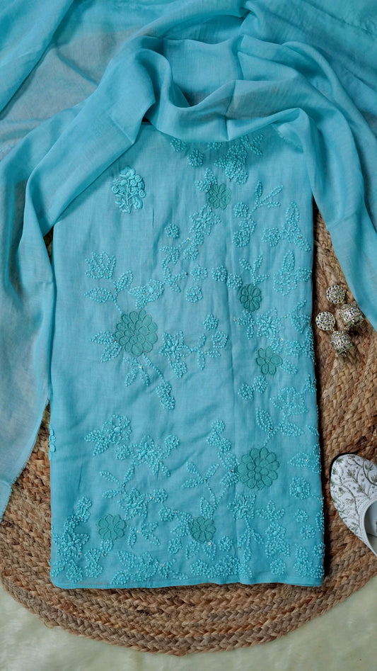 Meheriya – Ferozi Mulmul Chanderi Unstitched French Knot & Appliqué Embroidered Suit Set