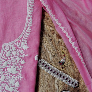 Ruhani – Pink Cotton Chanderi Unstitched Dori & Resham Embroidered Suit Set