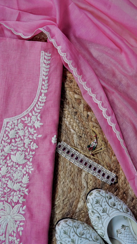 Ruhani – Pink Cotton Chanderi Unstitched Dori & Resham Embroidered Suit Set