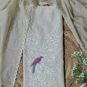 Prakriti – Beige Cotton Chanderi Unstitched Dori & Resham Embroidered Suit Set
