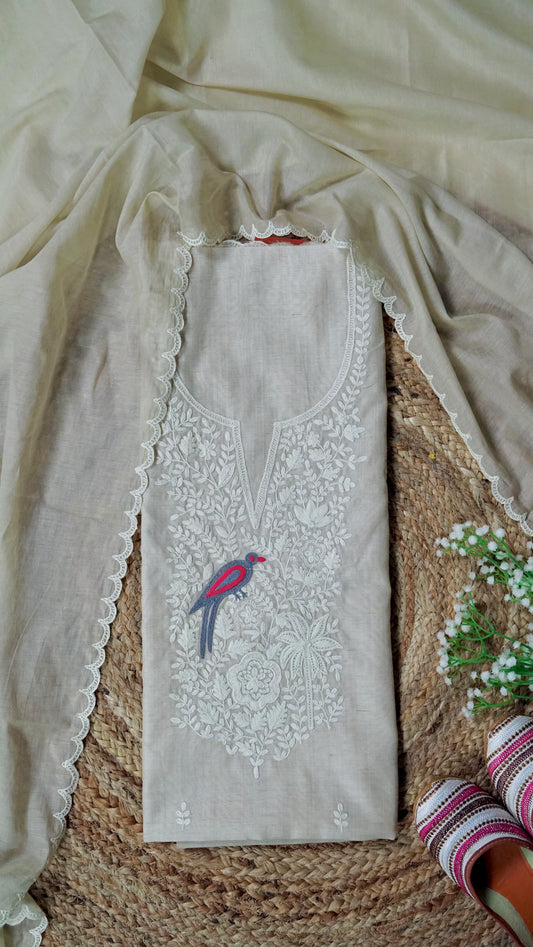Prakriti – Beige Cotton Chanderi Unstitched Dori & Resham Embroidered Suit Set