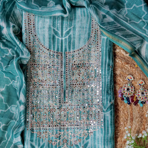 Varnika – Mint Green Banarasi Tissue Unstitched Zari & Mirror Embroidered Suit