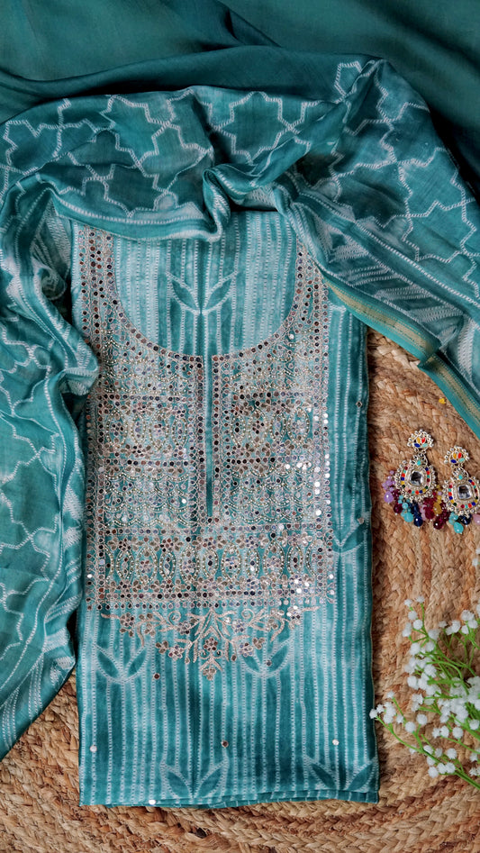 Varnika – Mint Green Banarasi Tissue Unstitched Zari & Mirror Embroidered Suit