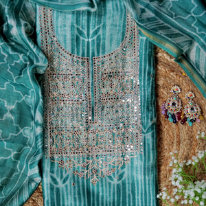 Varnika – Mint Green Banarasi Tissue Unstitched Zari & Mirror Embroidered Suit